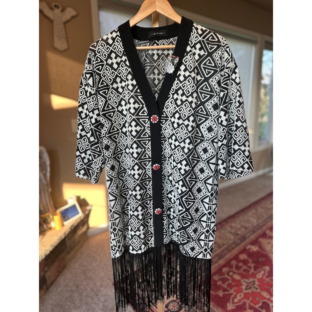 Geometric Fringe‎ Cardigan Duster Button Down Cover Up Black White